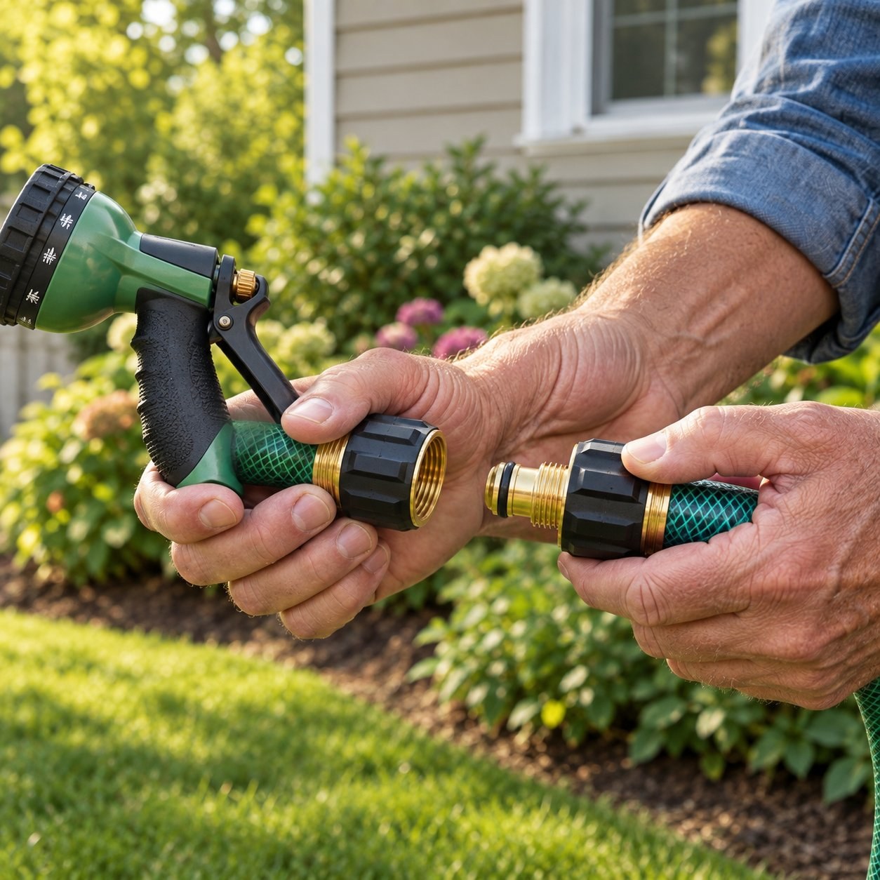 The quick connect attached to a pressure washer inlet and a garden sprinkler.