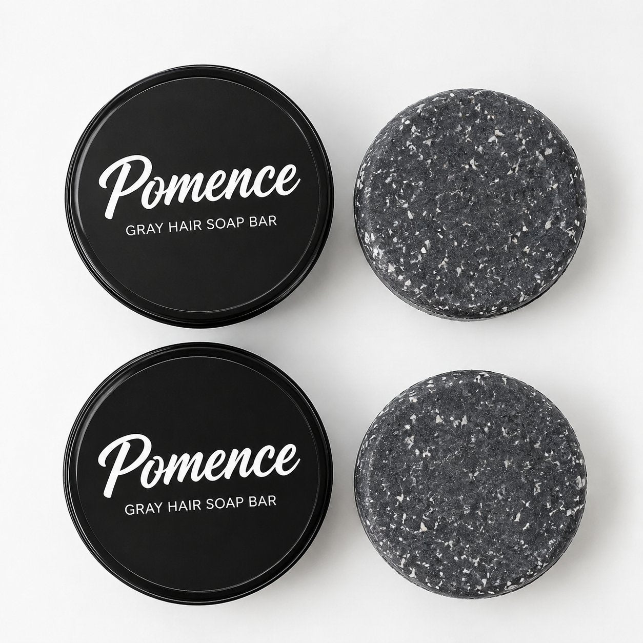 What's in the box: two Pomence Gray Hair Soap Bar tins