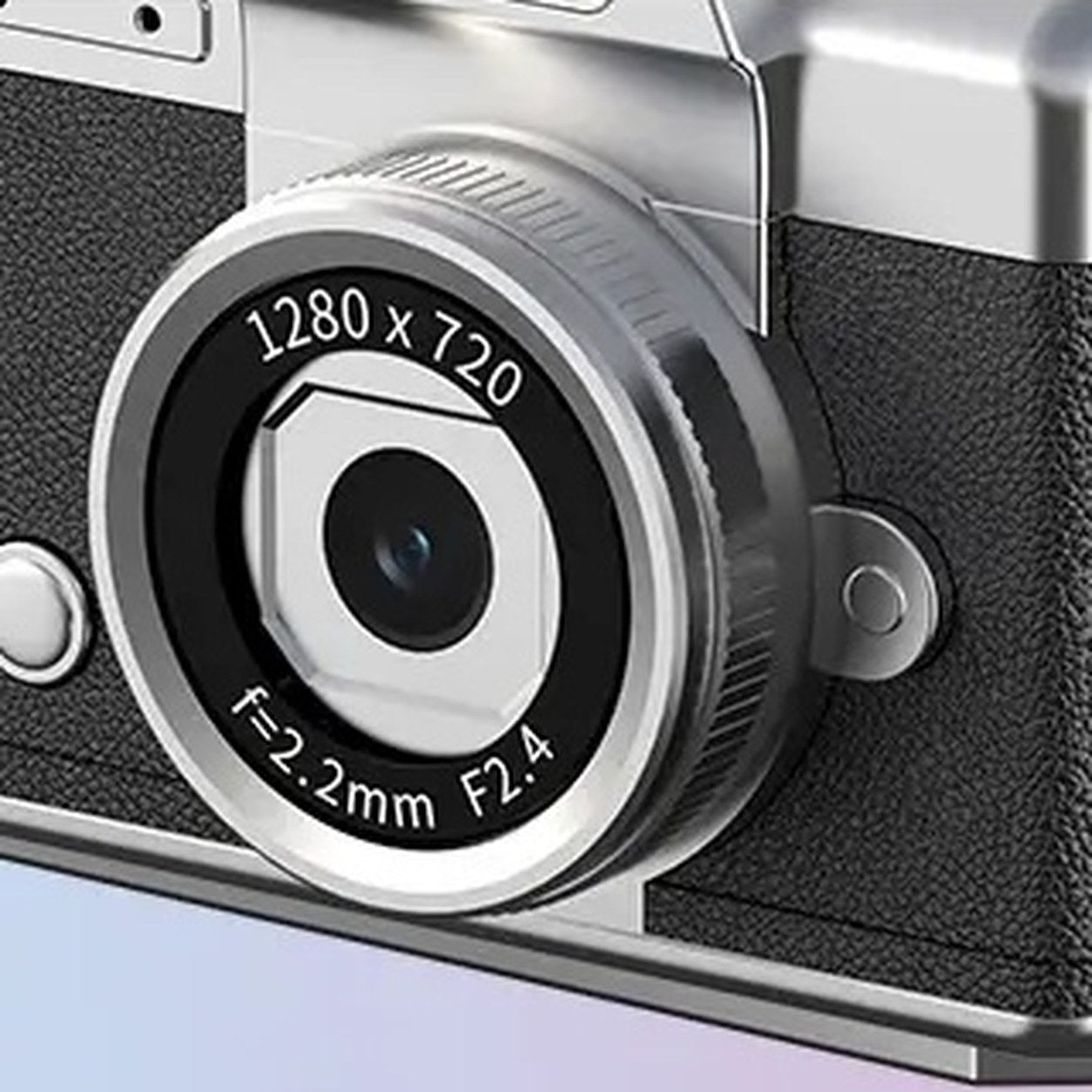 Close-up of the lens on the front of the Pomence Mini Keychain Camera
