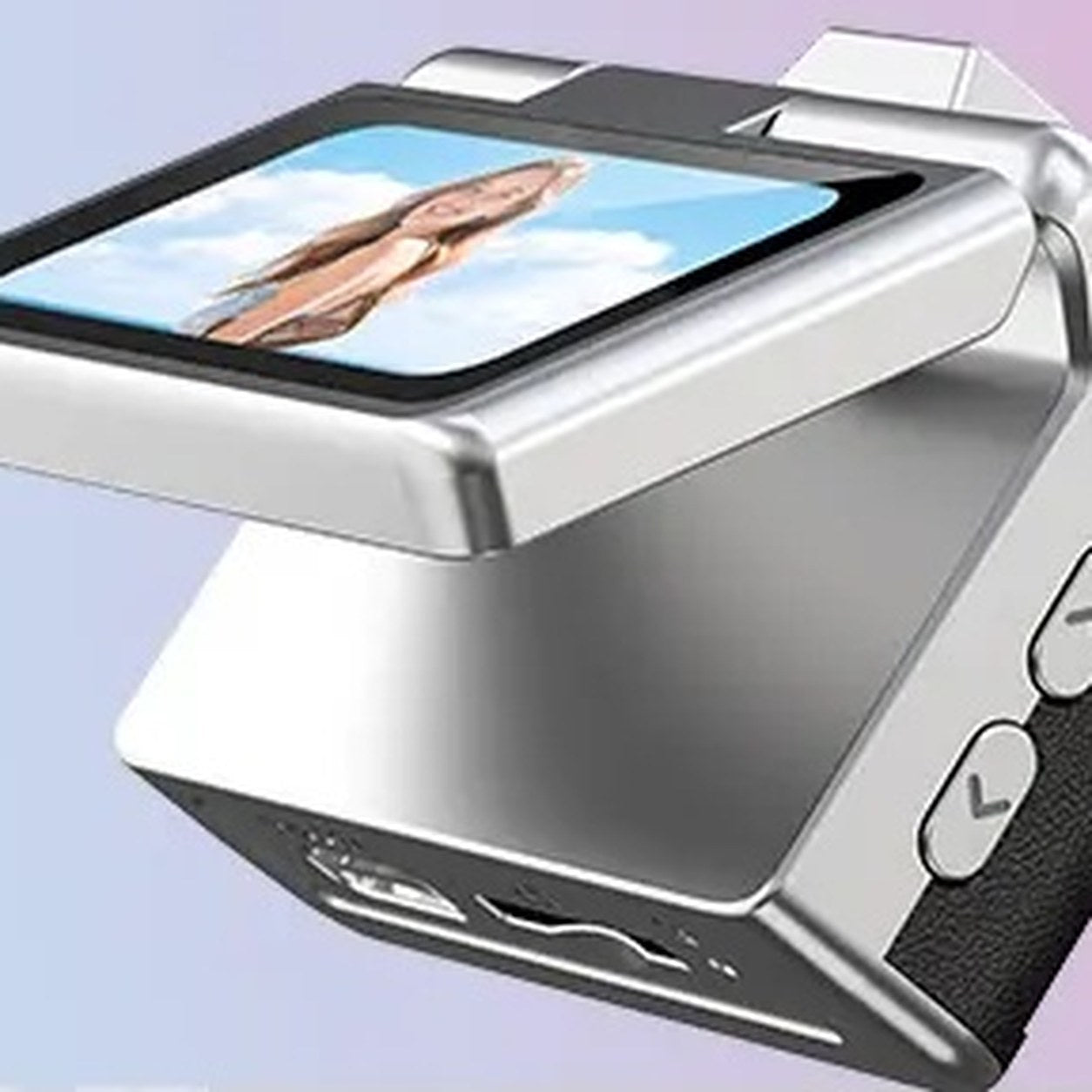 Close-up of the flip-up screen on the Pomence Mini Keychain Camera