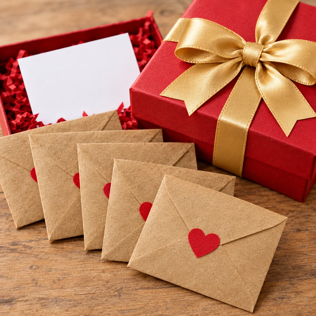 Macro of kraft envelopes sealed with red hearts from the Pomence Love Notes Gift Box