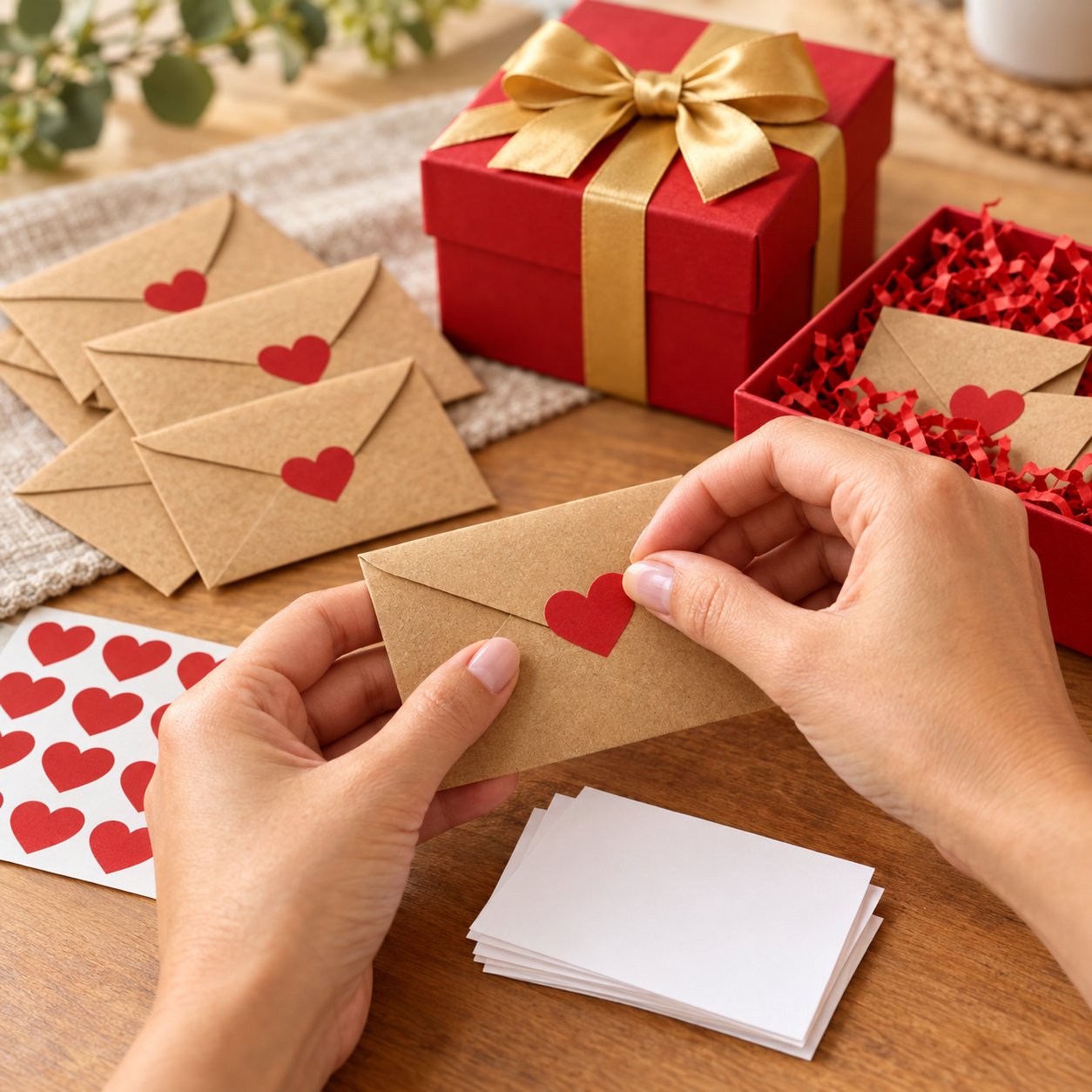 A hand sealing a kraft envelope with a red heart sticker from the Pomence Love Notes Gift Box