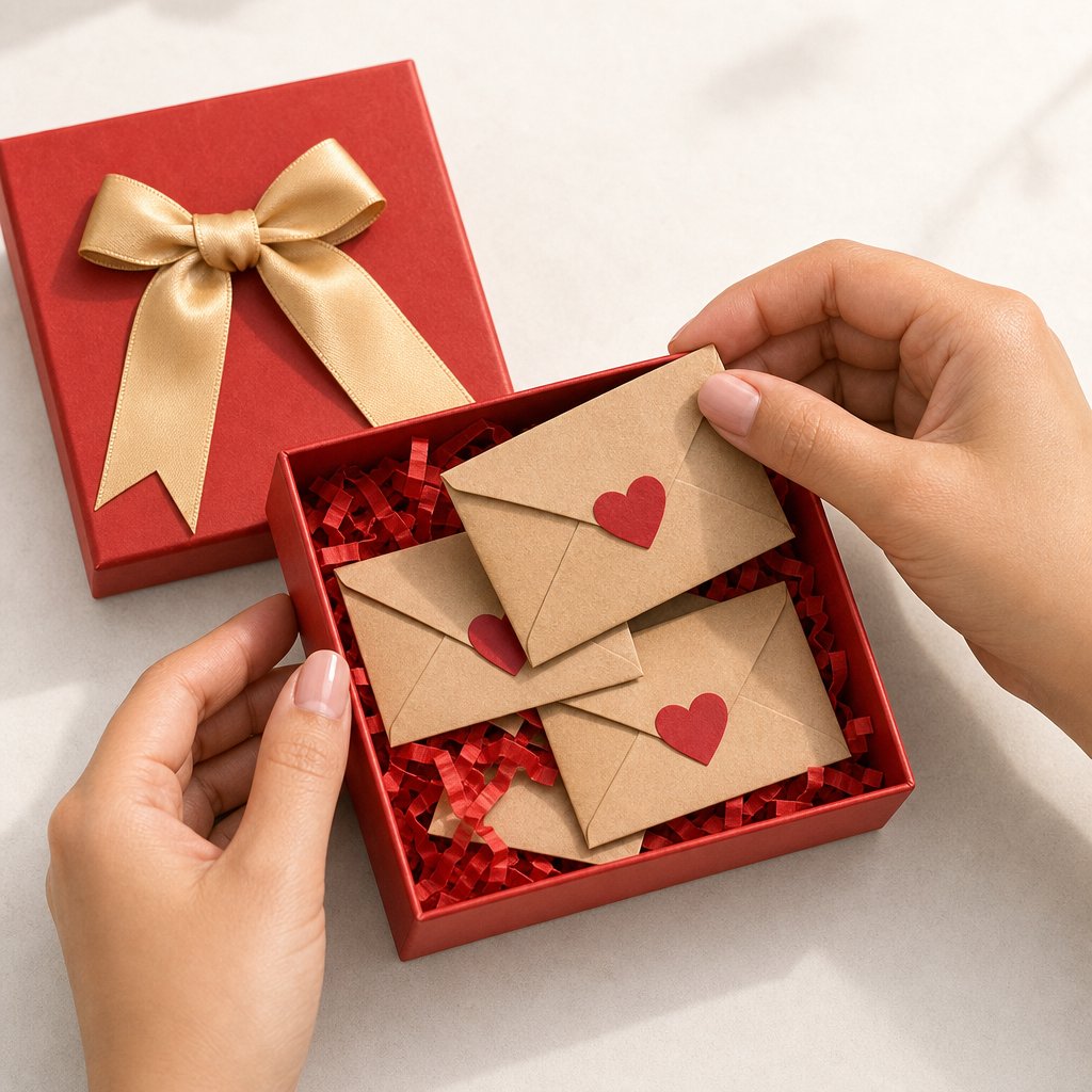 Hands arranging sealed kraft envelopes inside the red Pomence Love Notes Gift Box