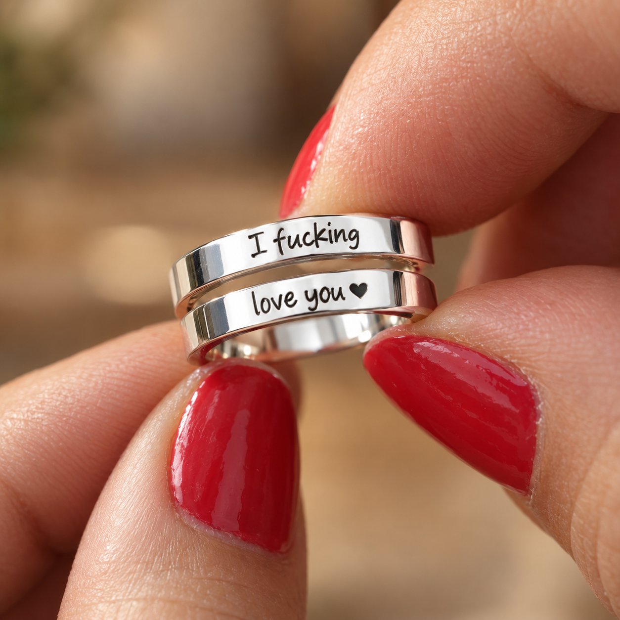 An adult finger wearing the Pomence I F♡cking Love You Ring adjusted to fit