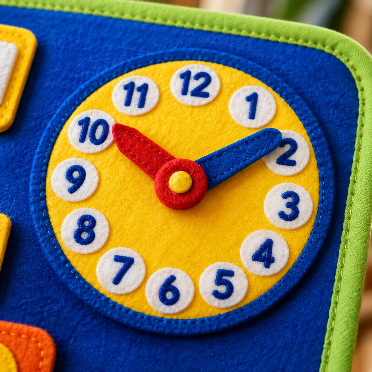 Close-up of the learning clock with movable hands and a face numbered 1 to 12 on the Pomence Montessori Busy Board