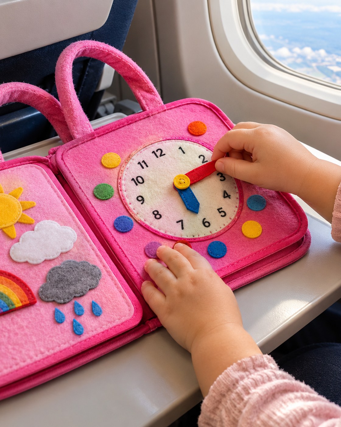 The Pomence Montessori Busy Board in pink felt with matching pink trim and pink handles, laid open on an airplane tray table with a small pair of hands turning the movable hands on the learning clock