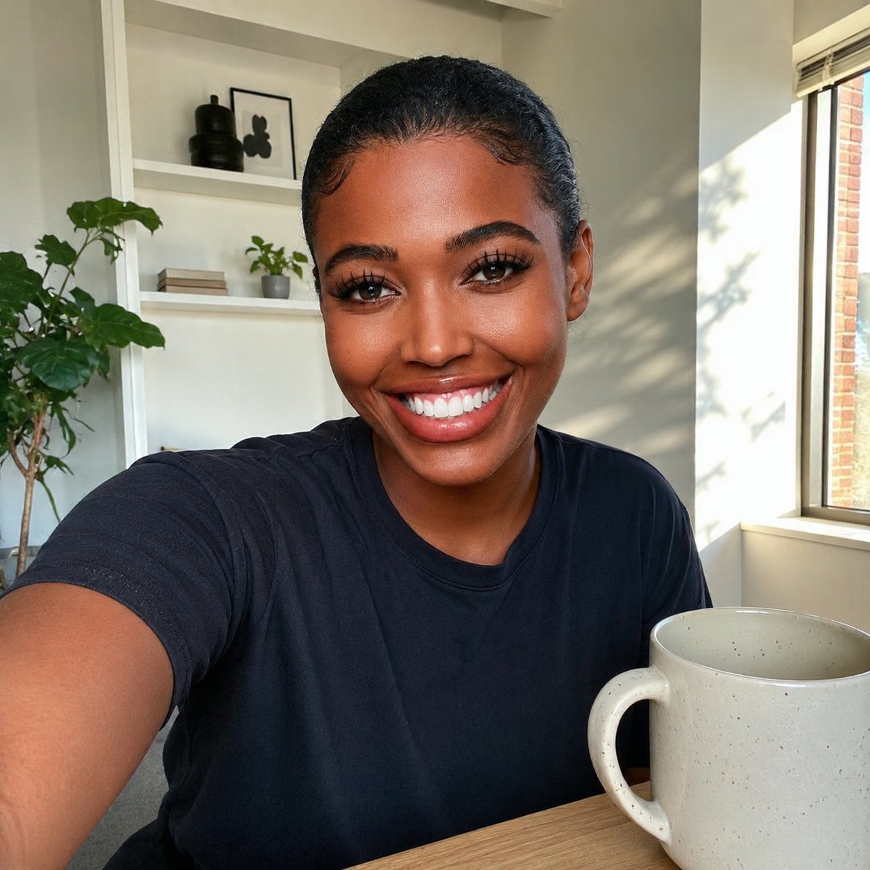 Woman wearing Pomence Ice Black lashes at her desk