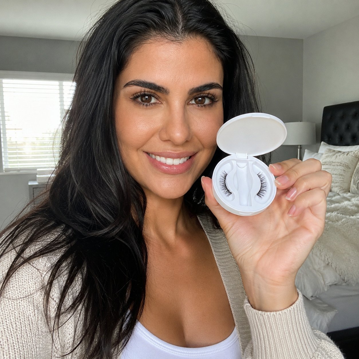 Woman holding the Pomence round lash case