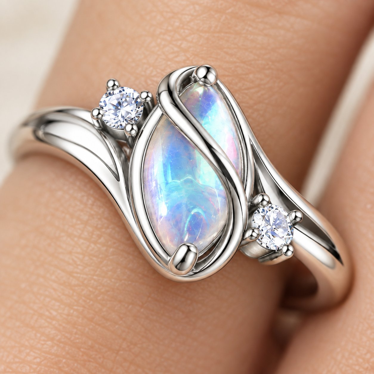Macro of one of the two round clear CZ accent stones beside the moonstone on the Pomence Moonstone Ring