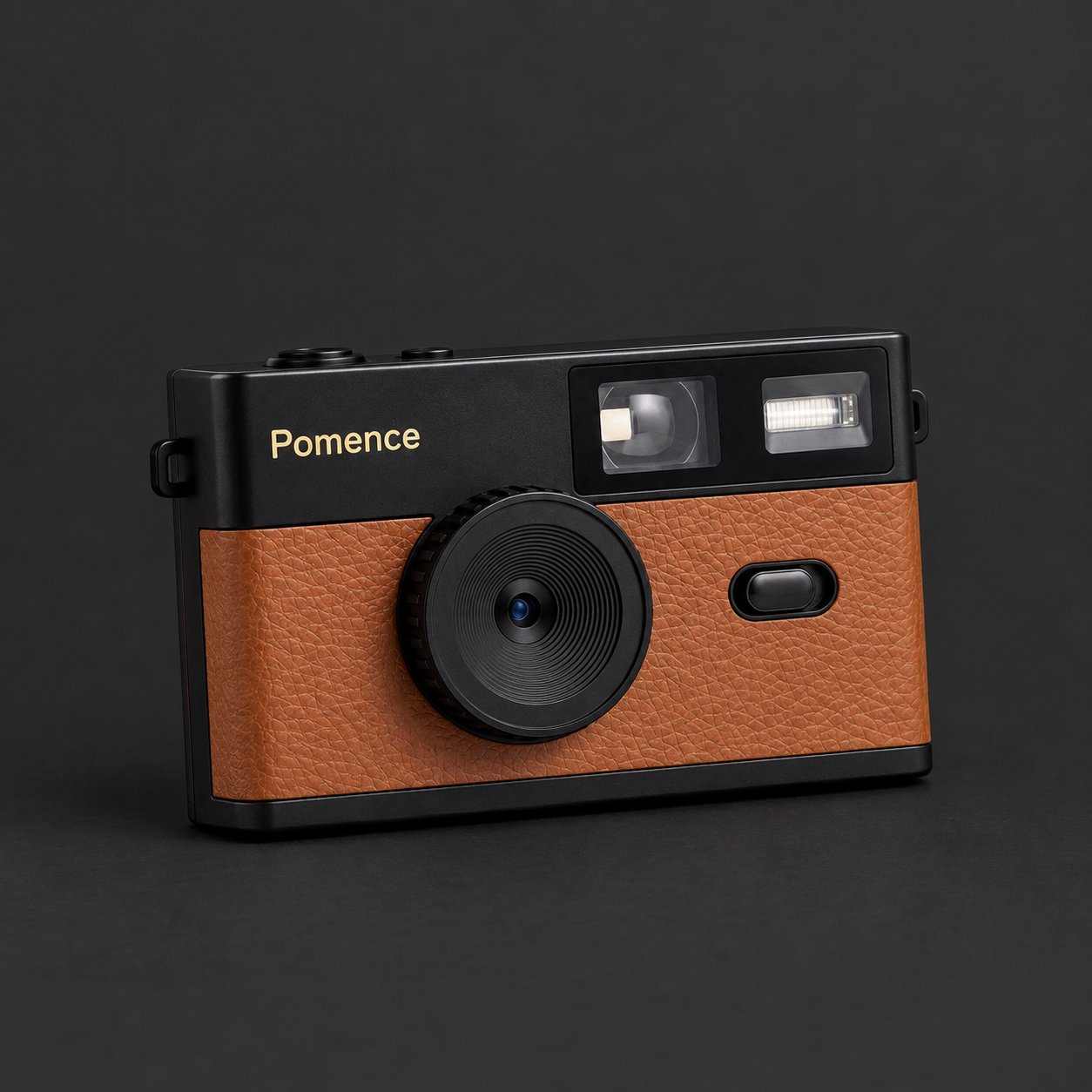 The Pomence Mini Retro Camera alone on a dark background, showing the lens, viewfinder and flash
