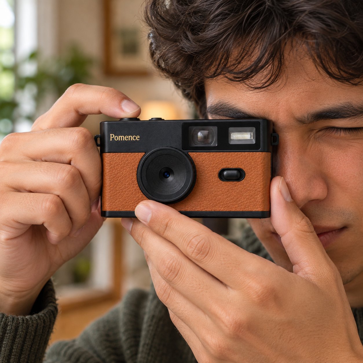A hand bringing the Pomence Mini Retro Camera up to eye level with the thumb resting near the shutter button