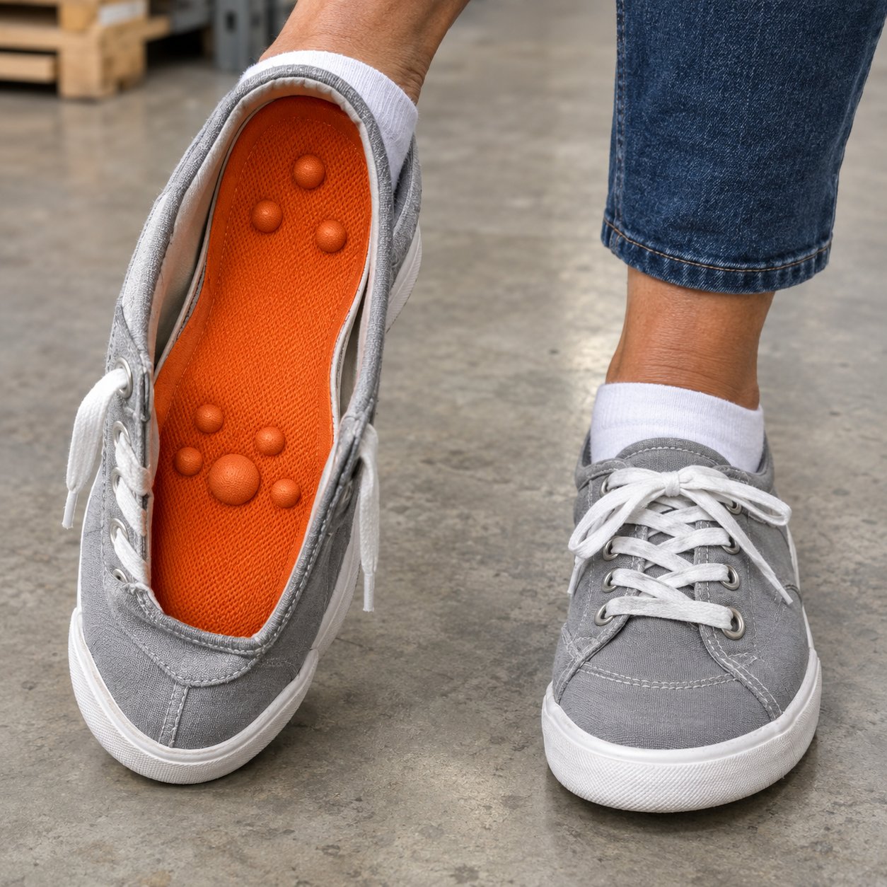 A hand sliding an orange Pomence Massage Insole down into a white trainer after the old flat insole has been pulled out