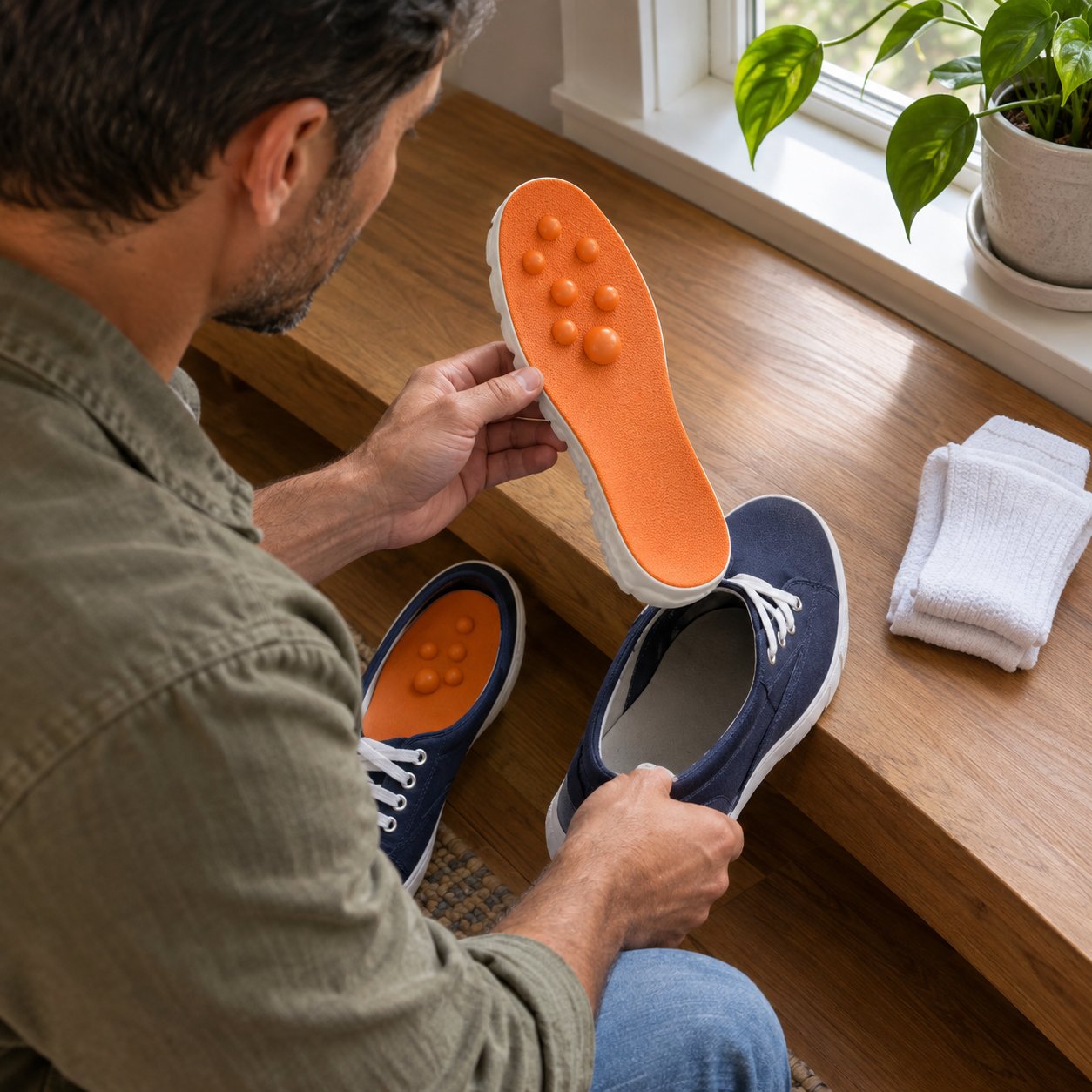 A person in white socks stepping down into a trainer that has a Pomence Massage Insole fitted