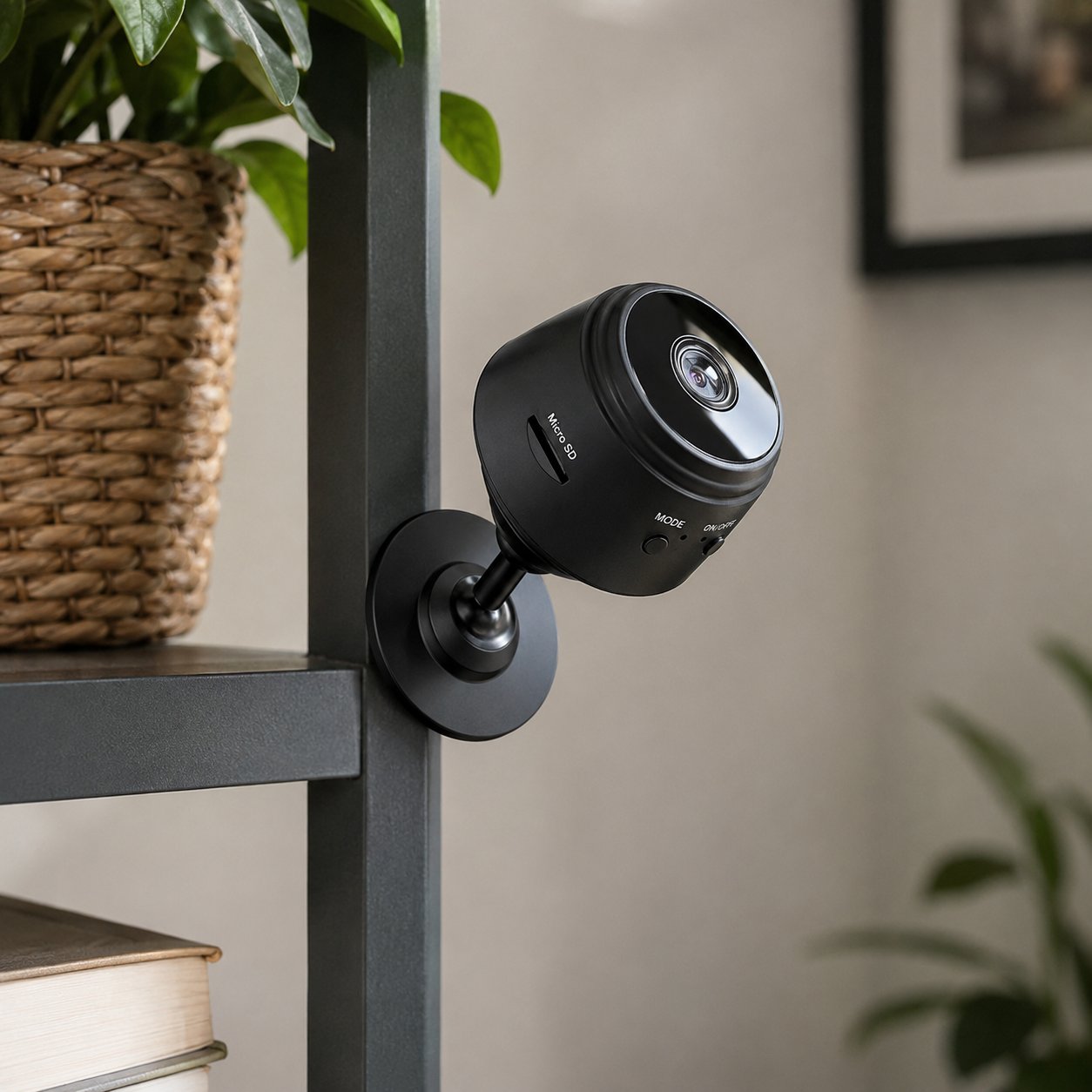 Pomence Mini WiFi Security Camera mounted at an angle using its magnetic base