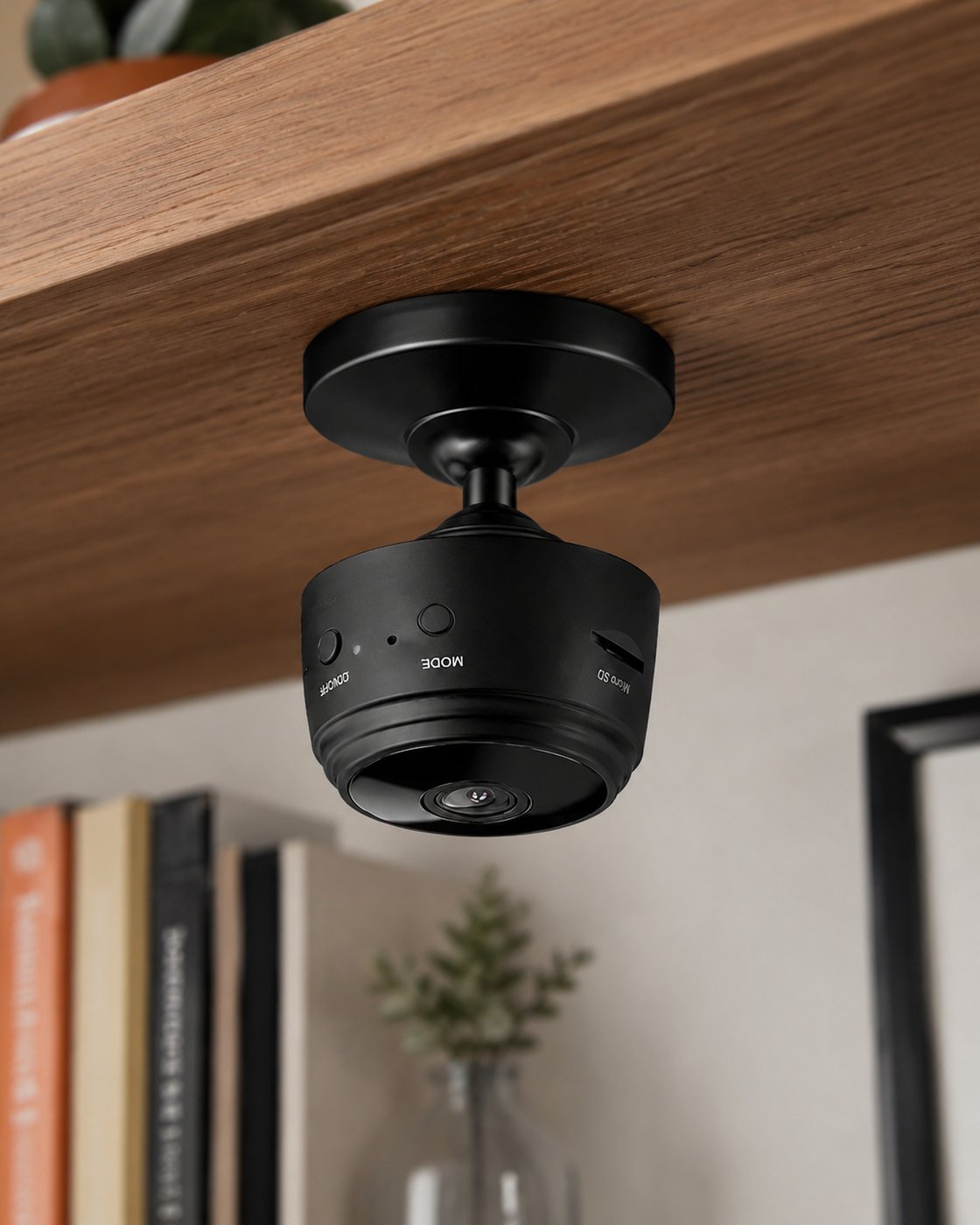 Pomence Mini WiFi Security Camera attached to a shelf with its magnetic mount