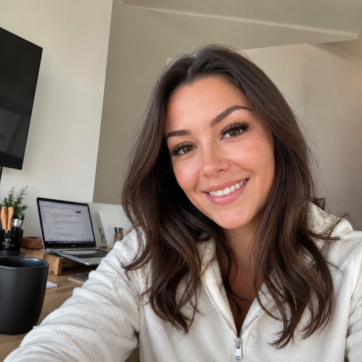 Woman wearing Pomence Natural magnetic lashes at her desk