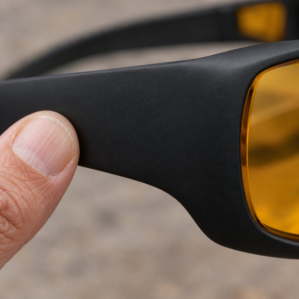 Macro close-up of the wide flat matte black arm of the Pomence Night Driving Glasses