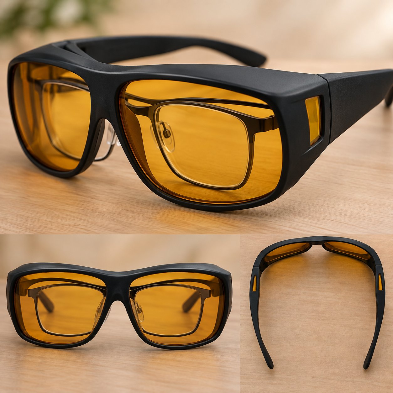 The wrap-around fit-over shape of the Pomence Night Driving Glasses, built to sit over a prescription pair