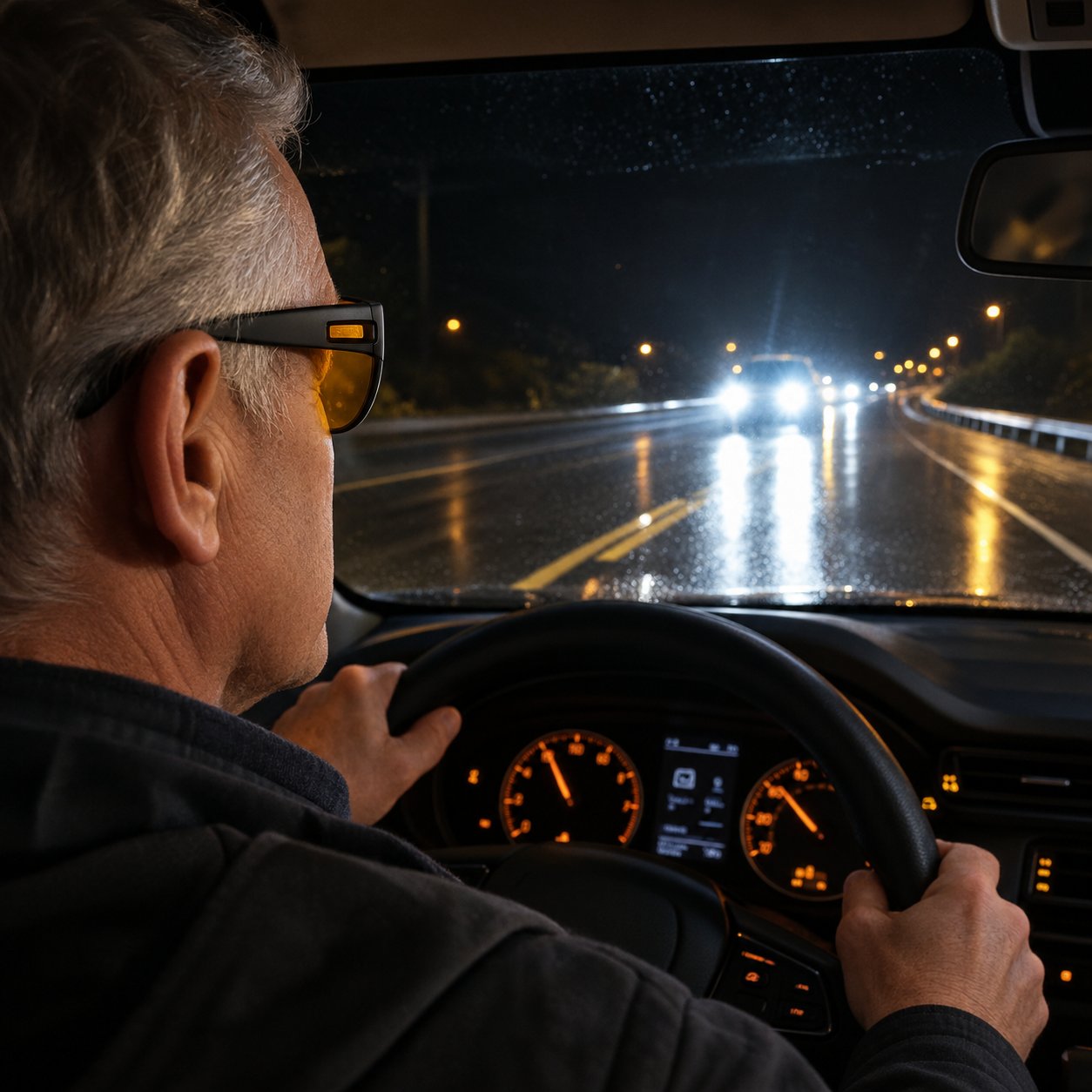 A driver in his sixties wearing the Pomence Night Driving Glasses at dusk, with oncoming LED headlights flaring on the windshield ahead