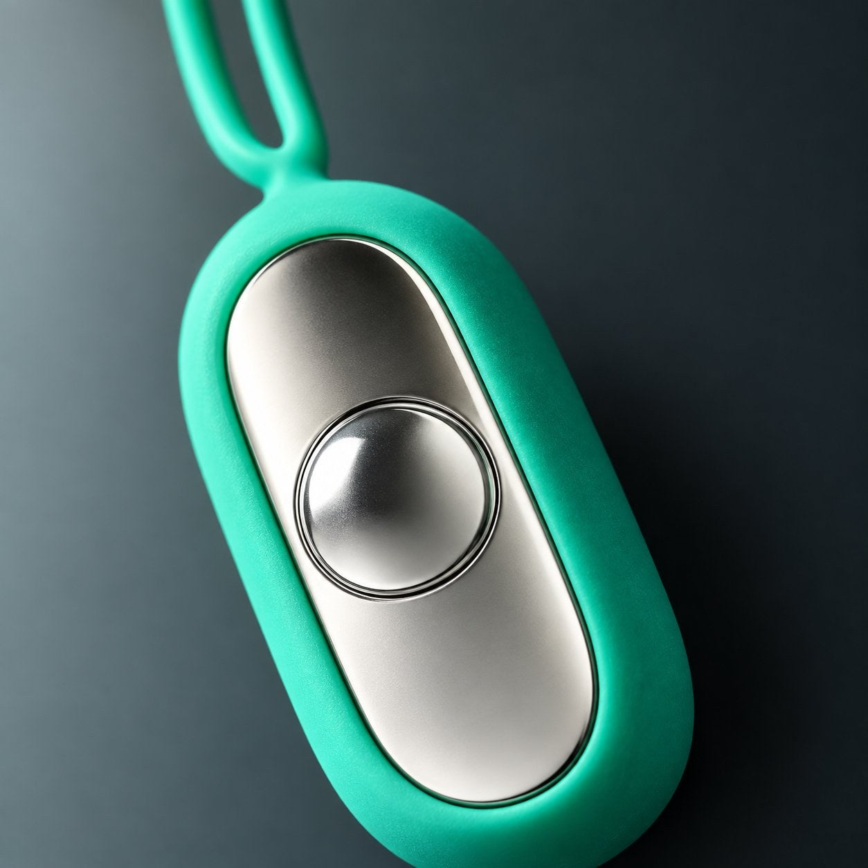 The soft matte teal silicone shell wrapping the sides of the Pomence Palm Calm Fidget
