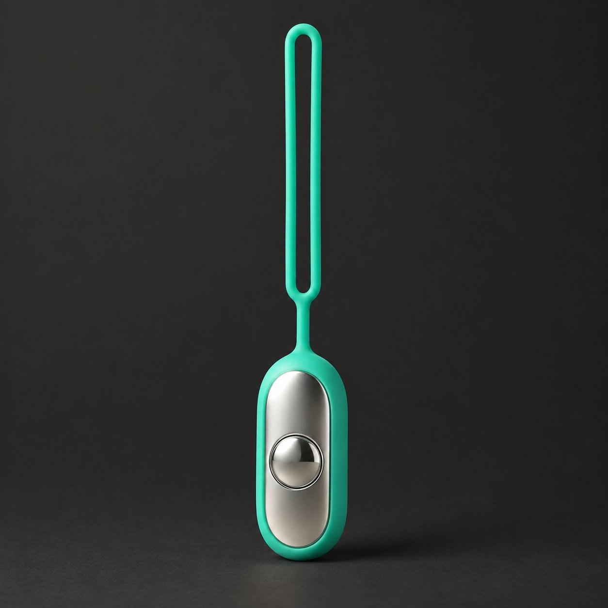 The teal Pomence Palm Calm Fidget alone on a dark ground: mirror polished silver faceplate, one domed button, soft silicone shell and the silicone loop