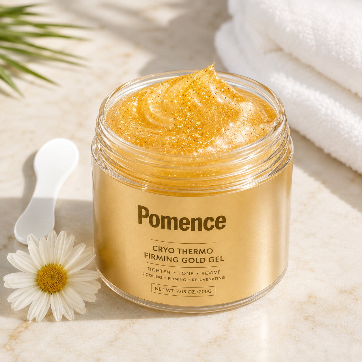 Pomence Cryo-Thermo Firming Gold Gel jar showing gold-shimmer gel texture