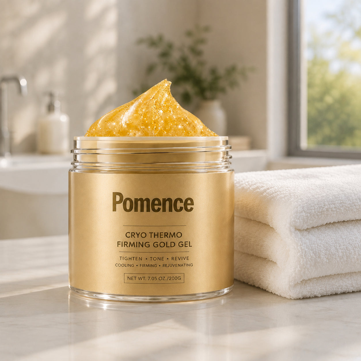 Pomence firming gel jar beside a folded towel for a simple nightly routine