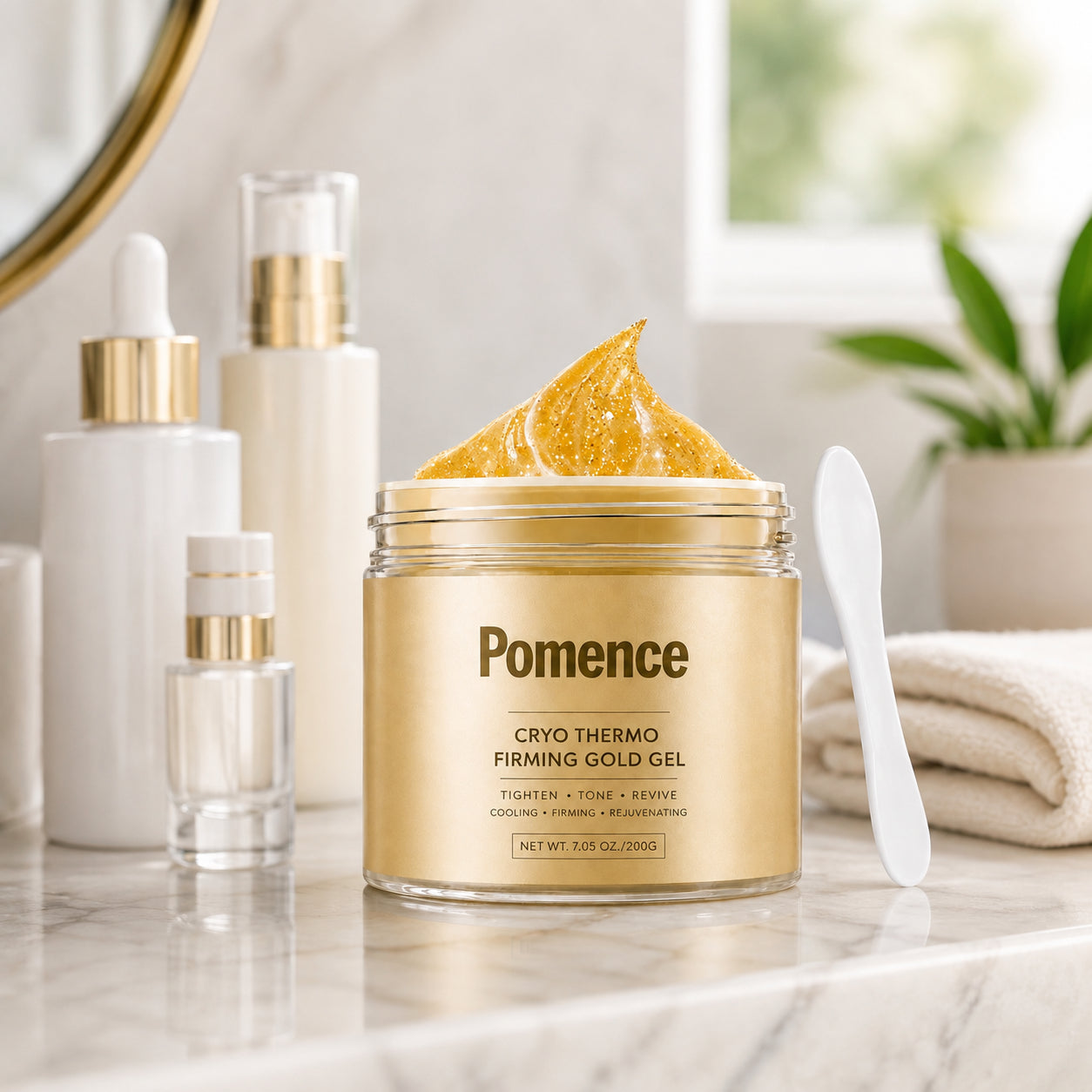 Pomence firming gel jar placed on a bathroom vanity next to skincare items