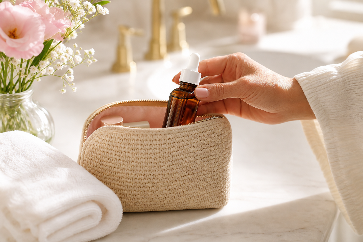 Amber dropper oil bottle placed into a travel toiletry pouch