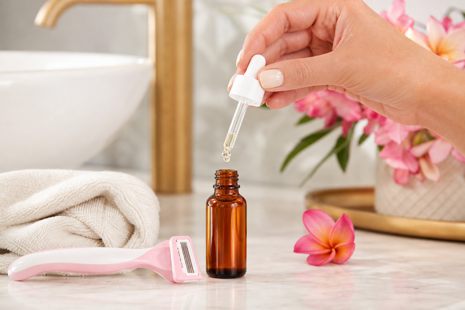 Dropper oil beside a razor and towel for a simple daily routine