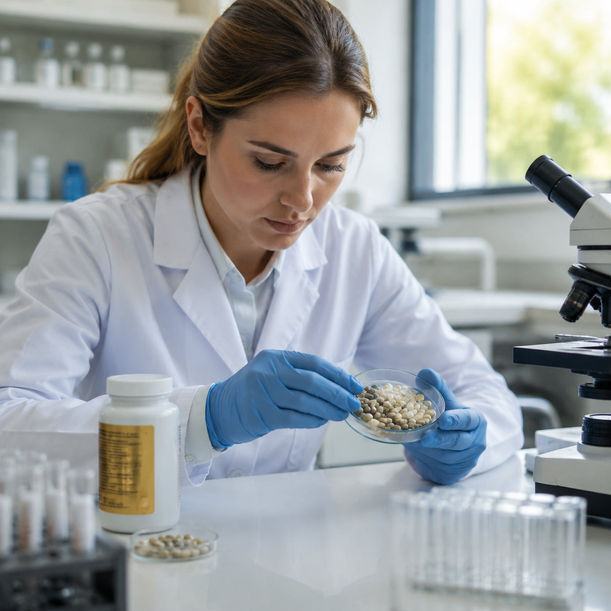 Lab technician testing supplement capsules
