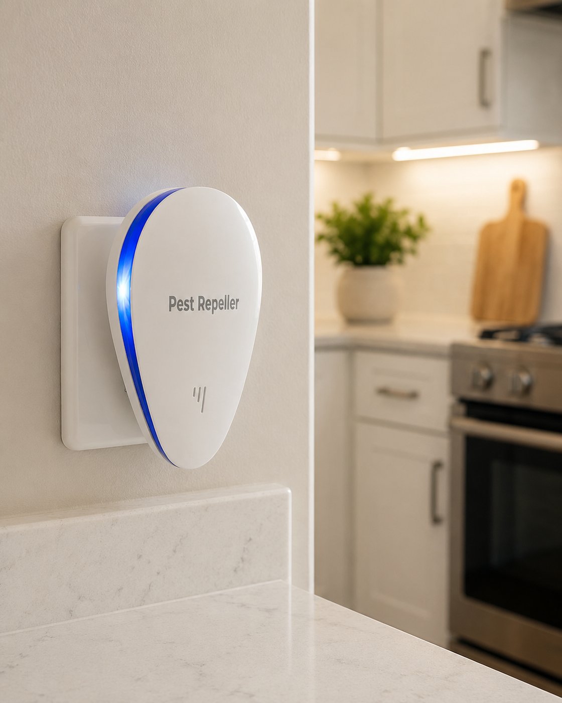Pomence Pest Repeller plugged into a kitchen wall outlet