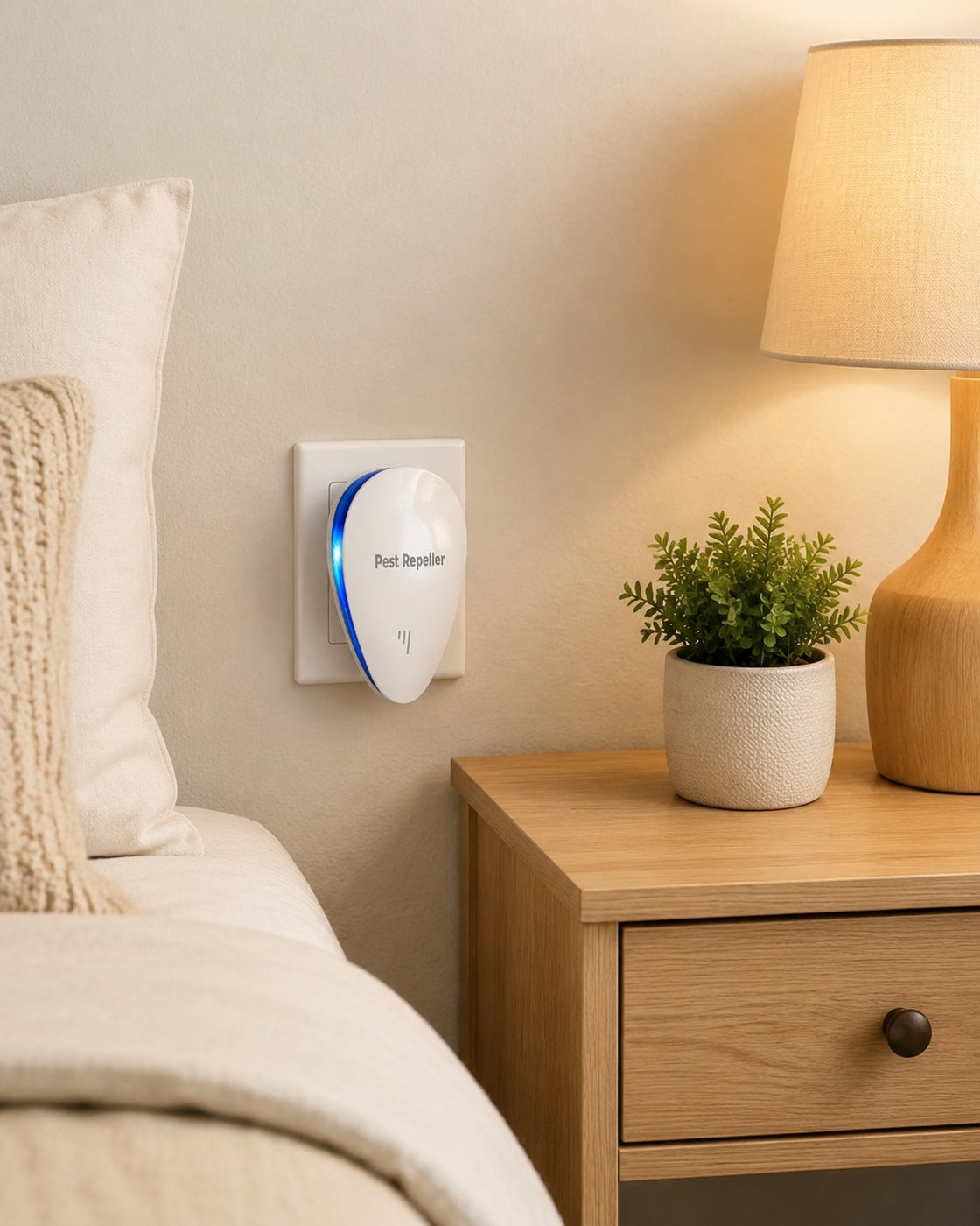 Pomence Pest Repeller on a bedroom nightstand with no chemicals or traps nearby