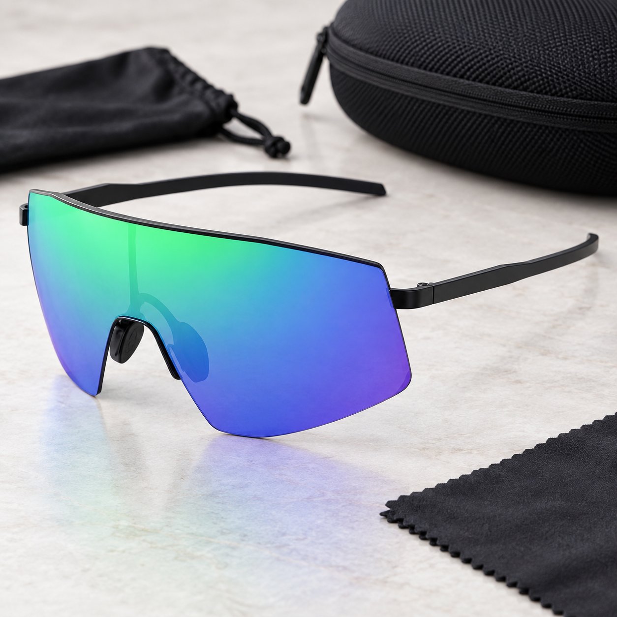 Macro of the one-piece wraparound shield lens on the Pomence™ Photochromic Sport Sunglasses