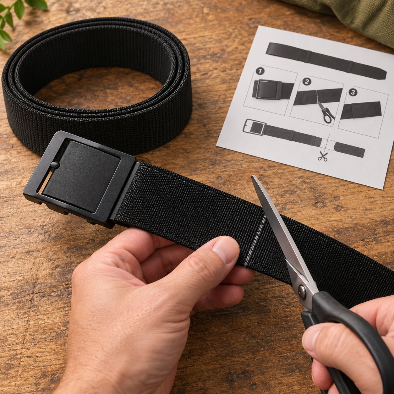 Scissors trimming the excess strap of the Pomence Ratchet Tactical Belt beside the printed fit guide