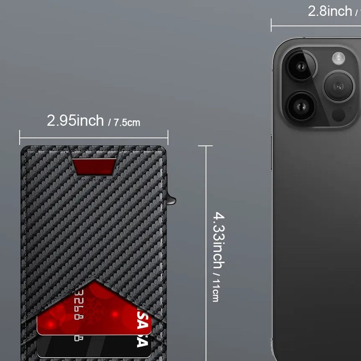 The Pomence RFID Minimalist Bifold Wallet measured against a phone, 2.95 by 4.33 by 0.78 inches