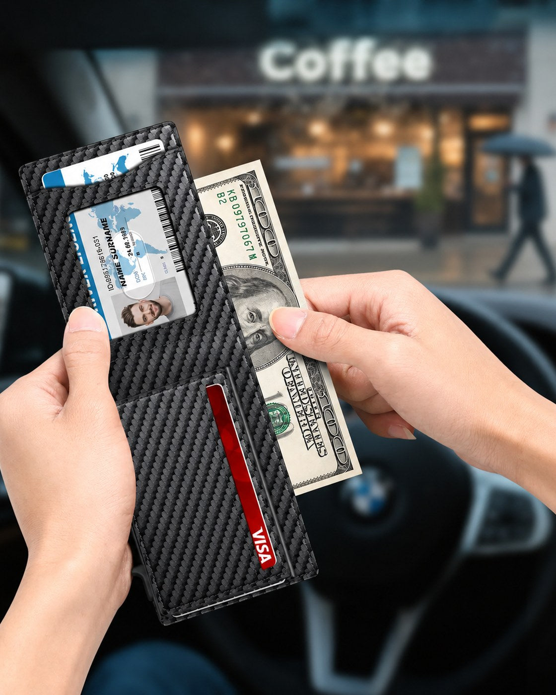 The Pomence RFID Minimalist Bifold Wallet held open with an ID in the clear window and folded bills under the money clip