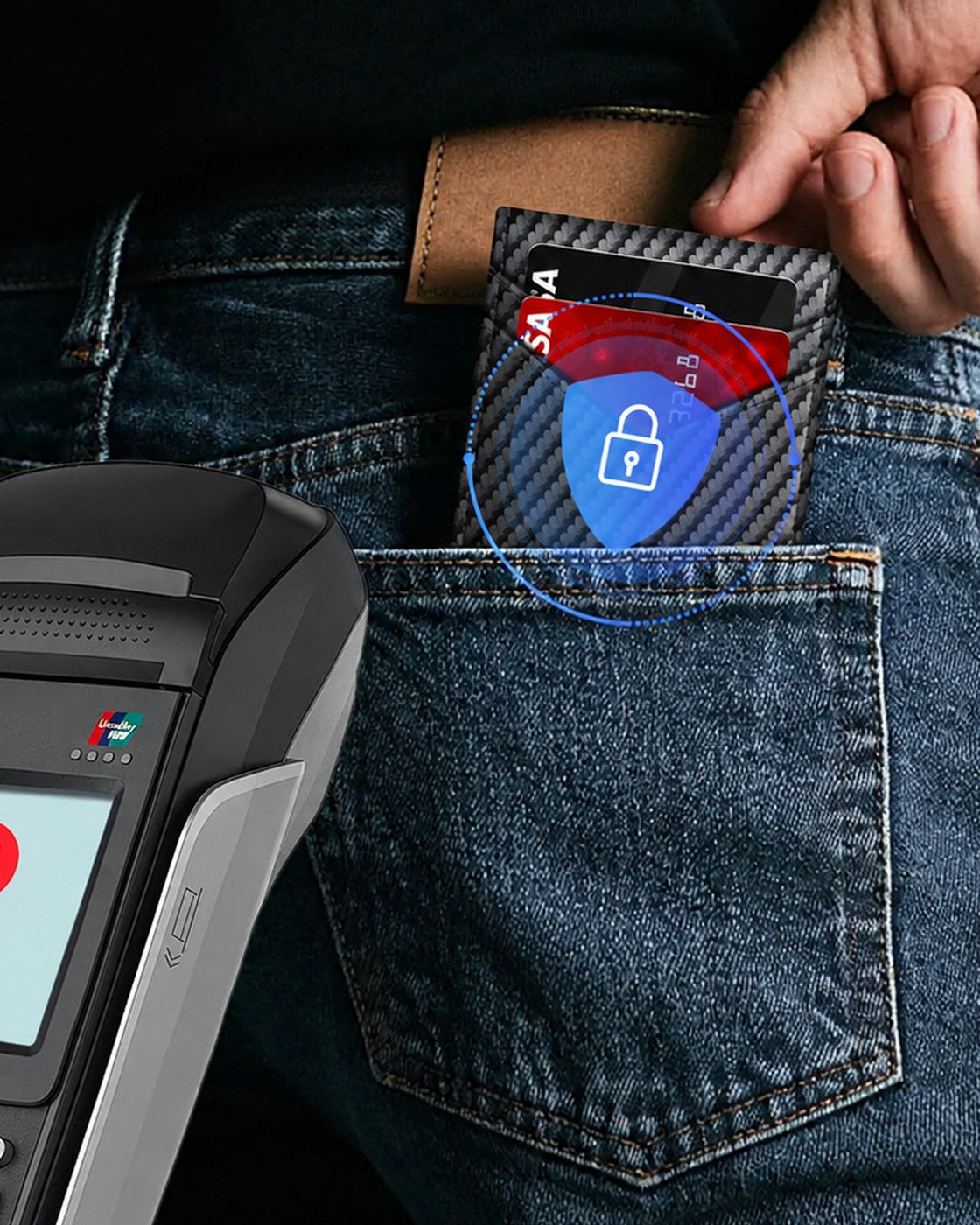 A card reader held against a front jeans pocket failing to read the cards inside the Pomence RFID Minimalist Bifold Wallet