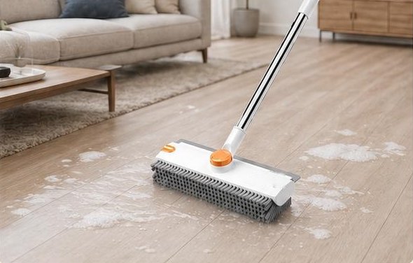 The brush scrubbing a soapy wood floor in a living room
