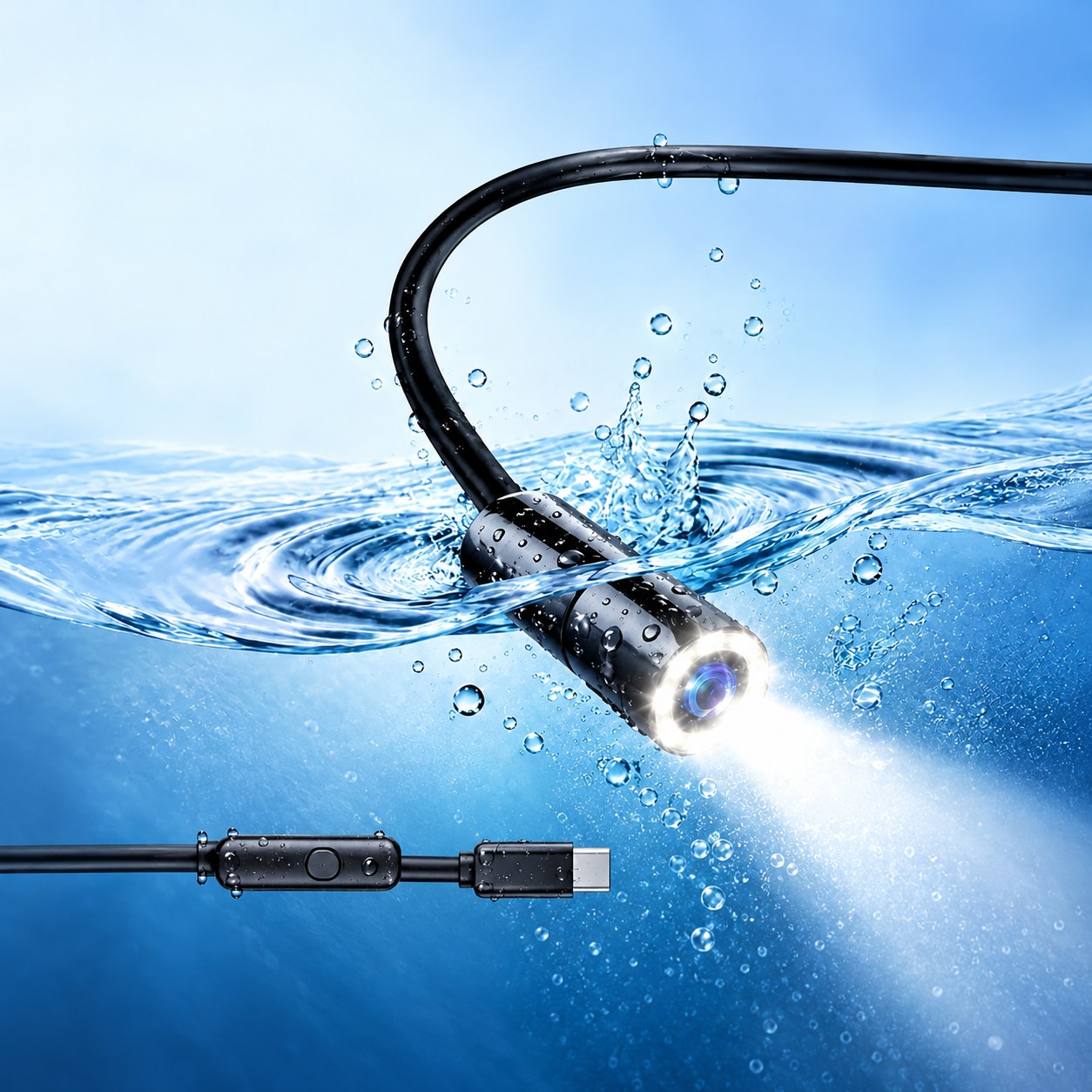 The waterproof camera tip of the Pomence Snake Inspection Camera in clear water with its LED lights on