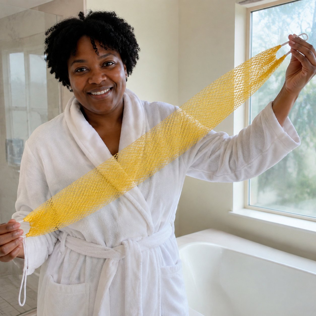 Woman holding the yellow net sponge stretched to its full length