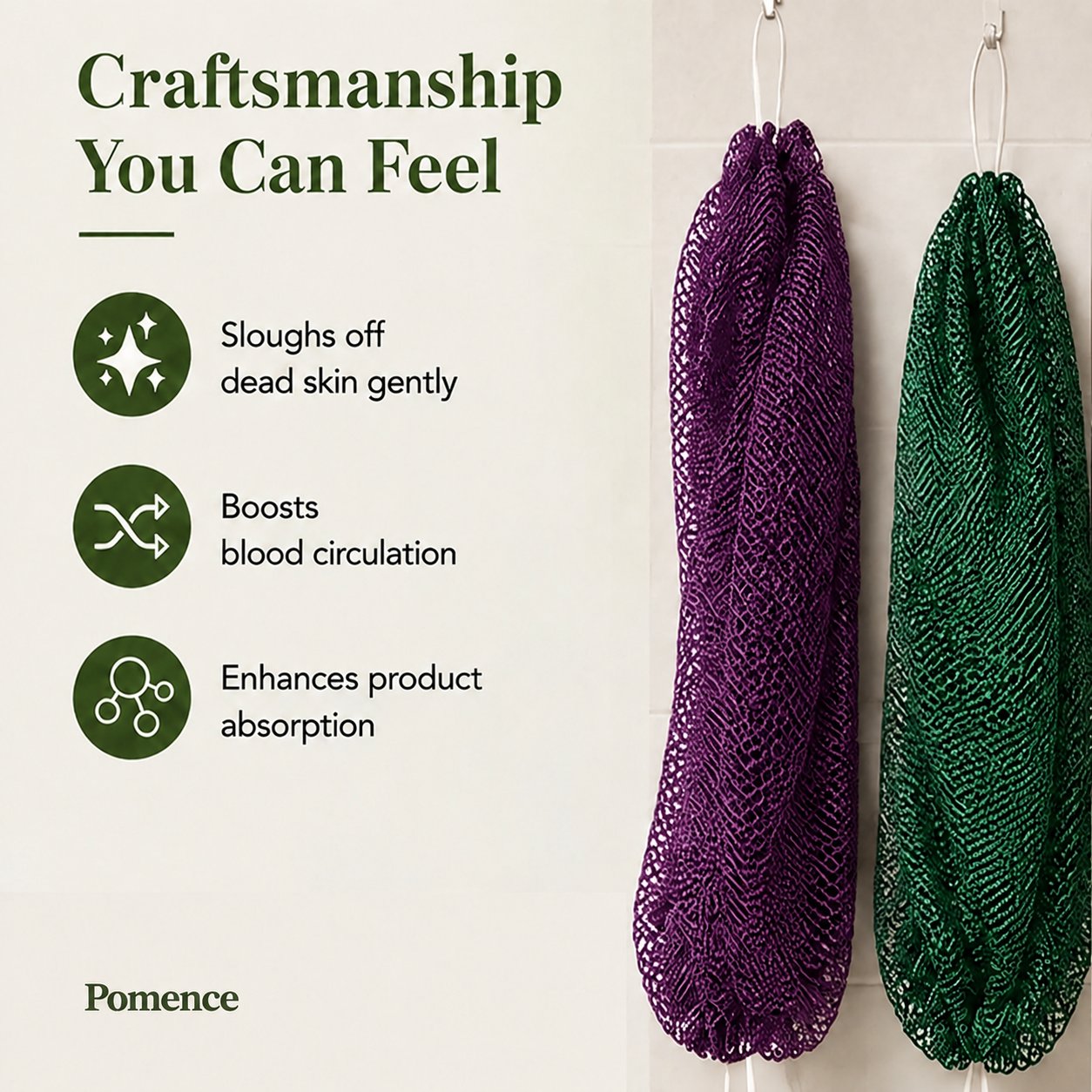 Craftsmanship you can feel: net sponges hanging in a bathroom