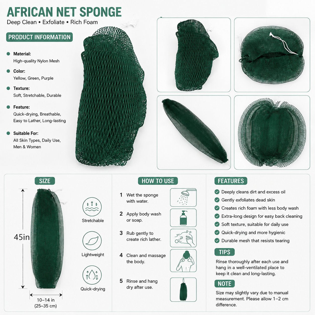 Spec sheet: high-quality nylon mesh, 45 in long, how to use, features