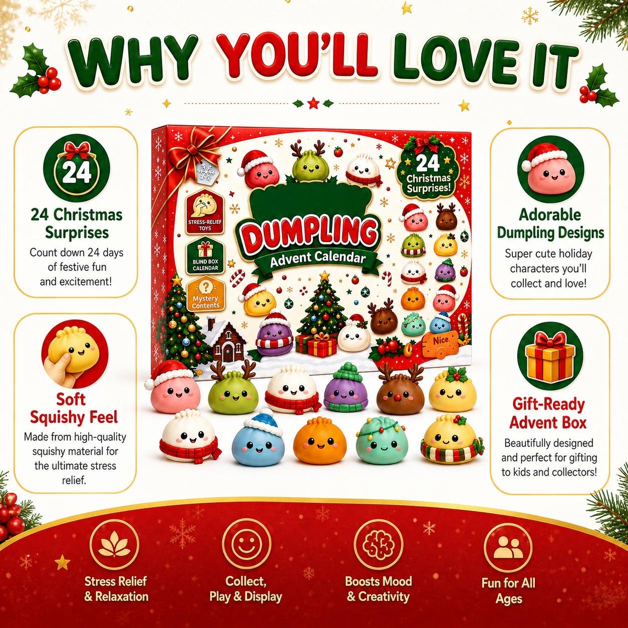 Cute festive dumpling designs with Santa hats and reindeer antlers