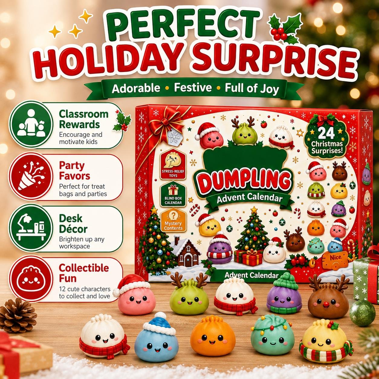 Why you'll love it: soft squishy feel, adorable dumpling designs, gift-ready advent box