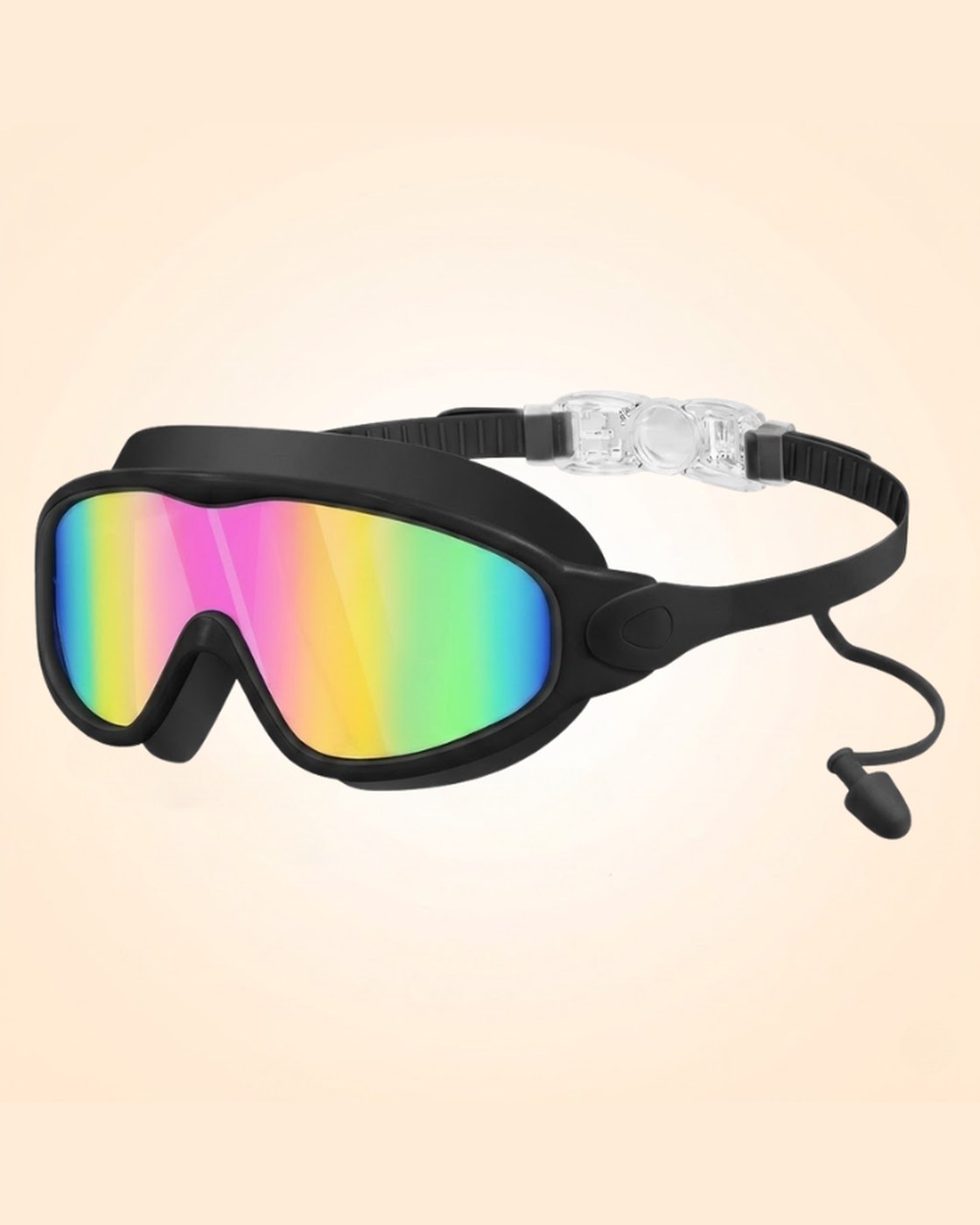 The Pomence Kids Swim Goggles held by the strap with the clear clasp open in a hand