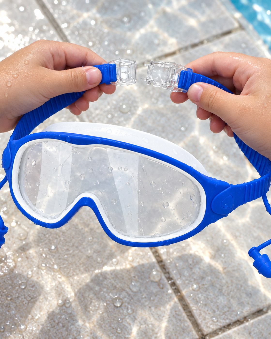 A fingertip pressing into the soft silicone gasket of the Pomence Kids Swim Goggles so it compresses and springs back