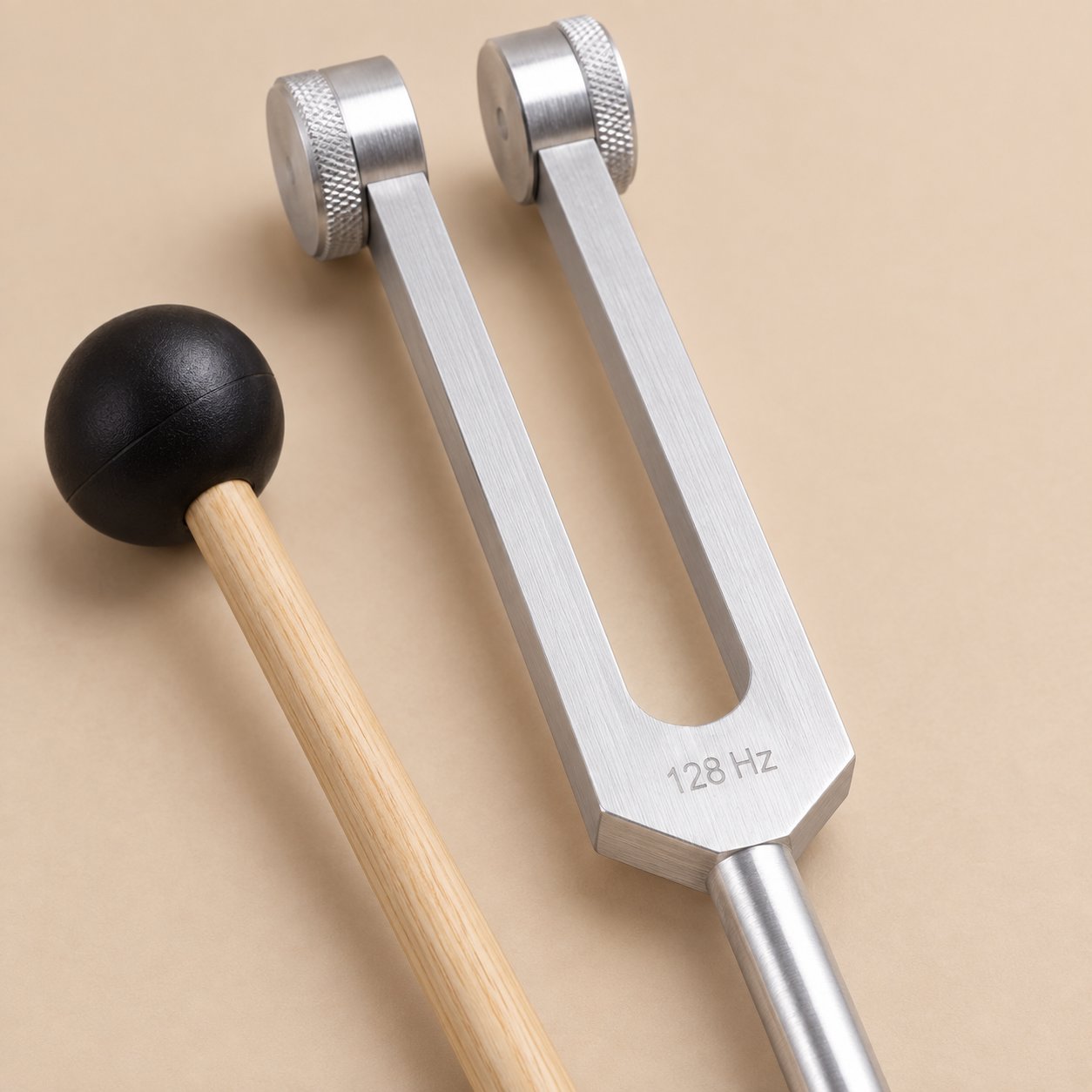 Macro view of the flat yoke of the tuning fork showing the etched 128 Hz mark