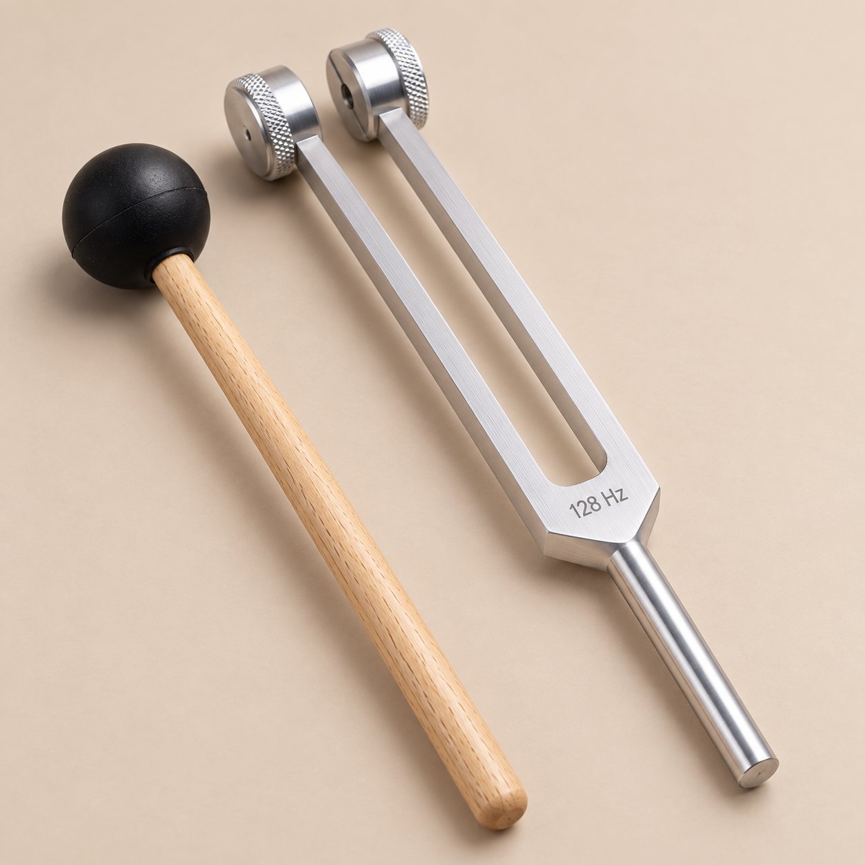 Macro view of the wooden mallet with its matte black rubber ball head