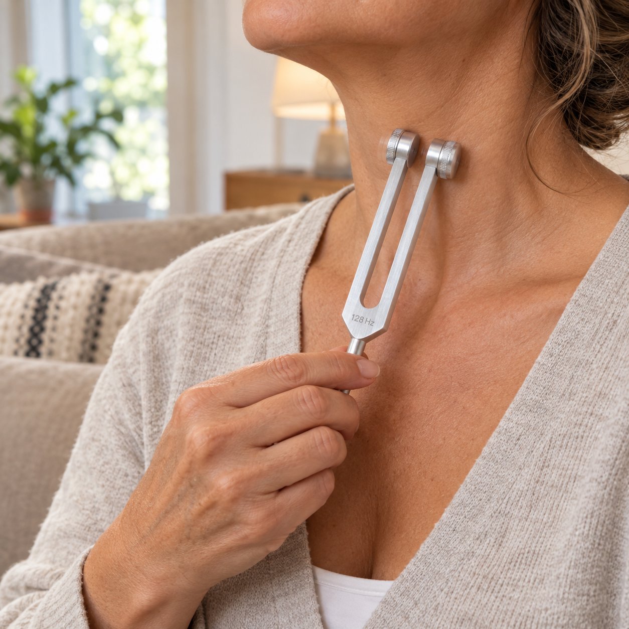 A hand pressing the stem of the Pomence 128 Hz Weighted Tuning Fork against the side of the neck